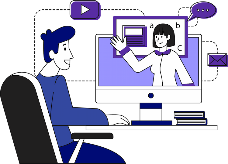 Illustration of mentorship and career guidance with people interacting through various digital devices and platforms